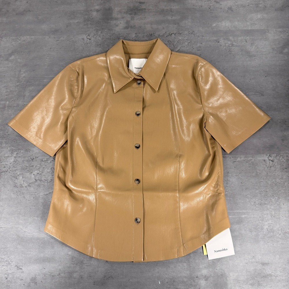 Nanushka Short Sleeve Shirt Womens M Clare Oak Okobor Vegan Alt Leather Tan $375